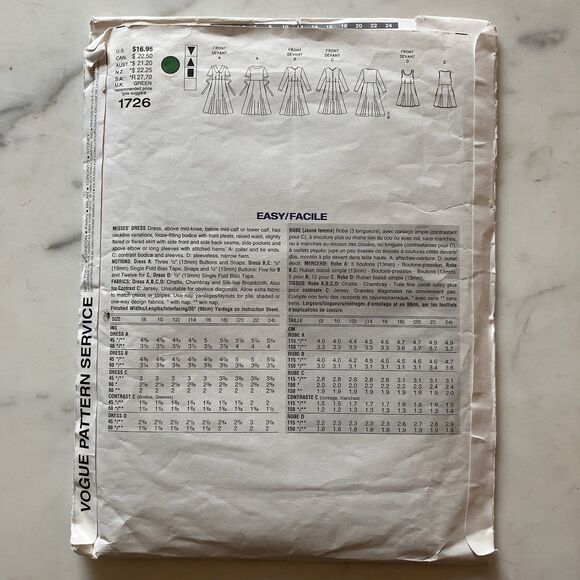 Uncut Vogue 1726 Women’s Dress Pattern Sizes 14, 16 Or 18 Multiple Styles - Picture 2 of 6